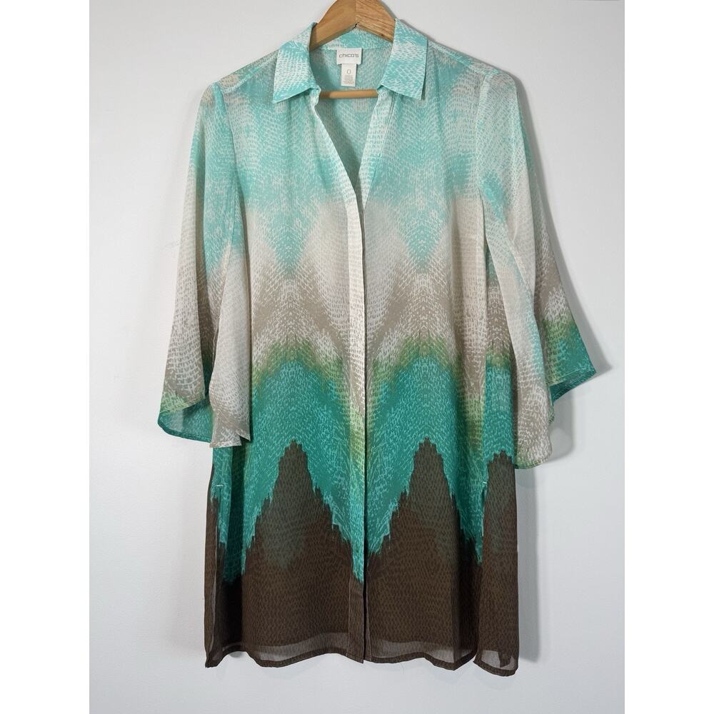 Chico's Women's Bahama Breeze Super Tunic Top Size 0 S Sheer Ombre Teal Chevron - Picture 2 of 12